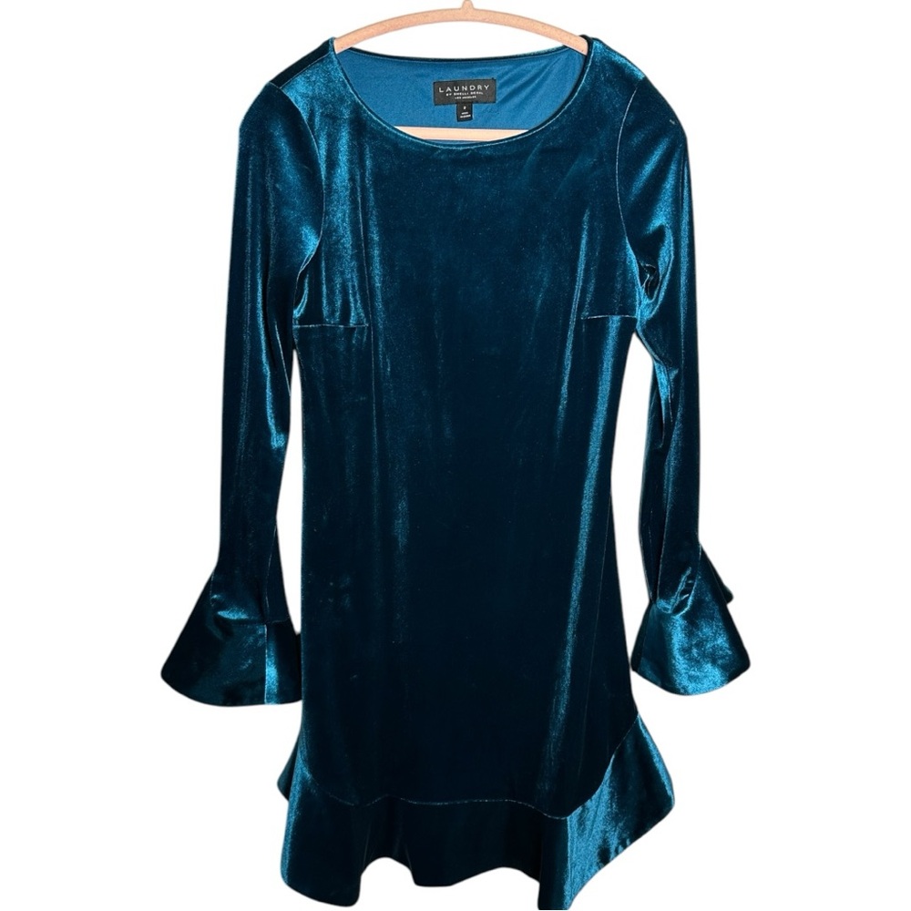 NWT Laundry by Shelli Segal Teal Blue Long Sleeve Velvet Dress Size 2